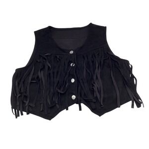 Hapsho Black Faux Suede Fringe Vest Cropped Western‎ Boho Snap Front XL US 12